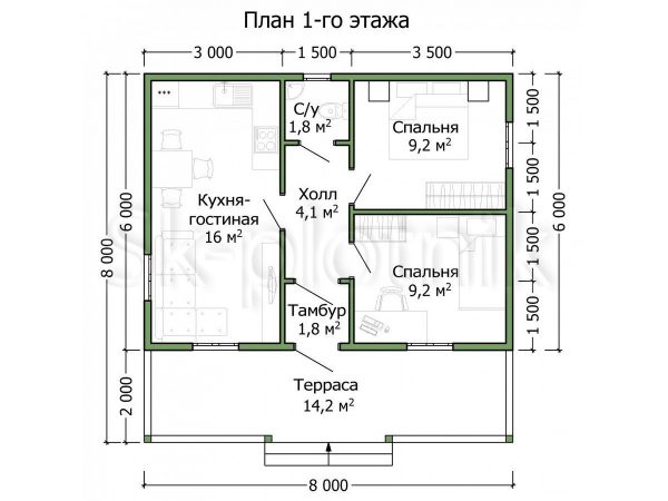 Одноэтажный каркасный дом 8 на 8 с террасой ДК-101. Картинка №3