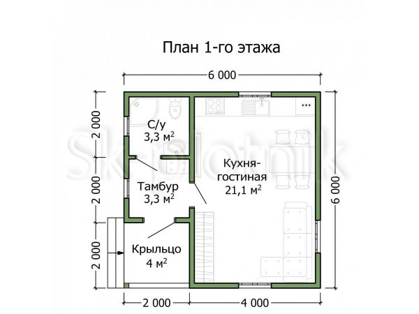 Проект каркасного дачного дома 6х6 1 этаж ДК-106. Картинка №3