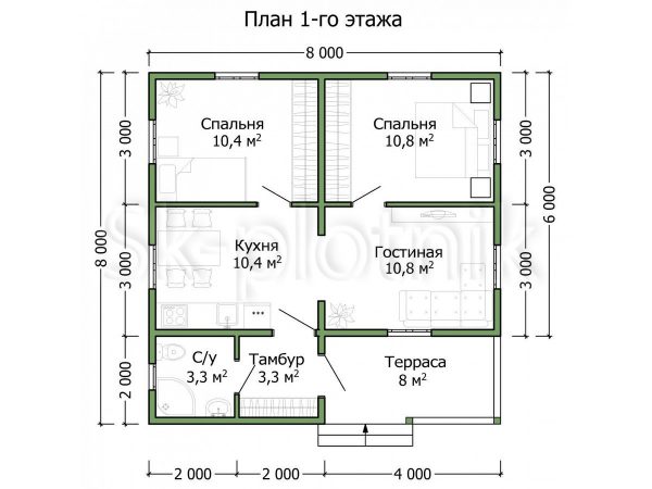 Каркасный дом 8х8 с четырехскатной крышей 1 этаж ДК-112. Картинка №3