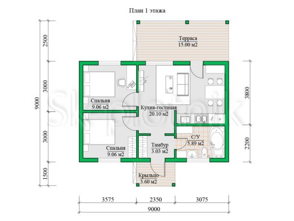 Проект одноэтажного финского каркасного дома 6х9 с террасой ДК-142. Картинка №3
