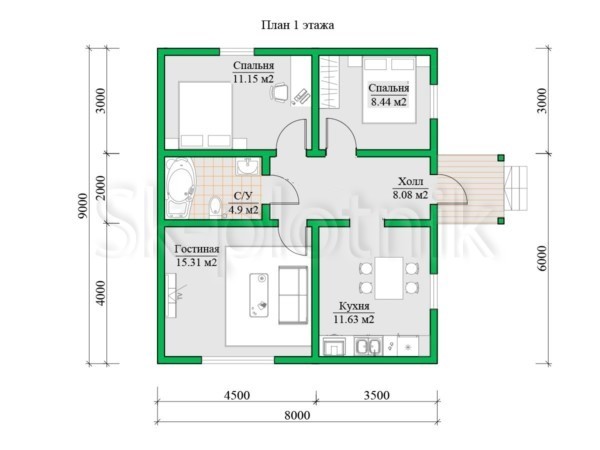 Проект каркасного дома 8 на 8, 1 этаж, с имитацией бруса ДК-140. Картинка №3