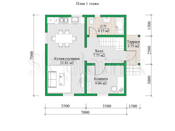 Проект полутораэтажного каркасного дома 7х7 м ДК-137. Картинка №3